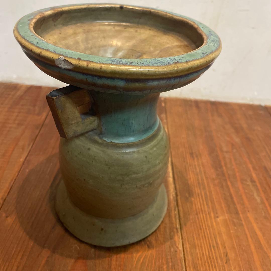 美品　上野焼　緑釉仏花器　江戸時代後期から　花器　緑色の釉薬が特徴的な　花瓶