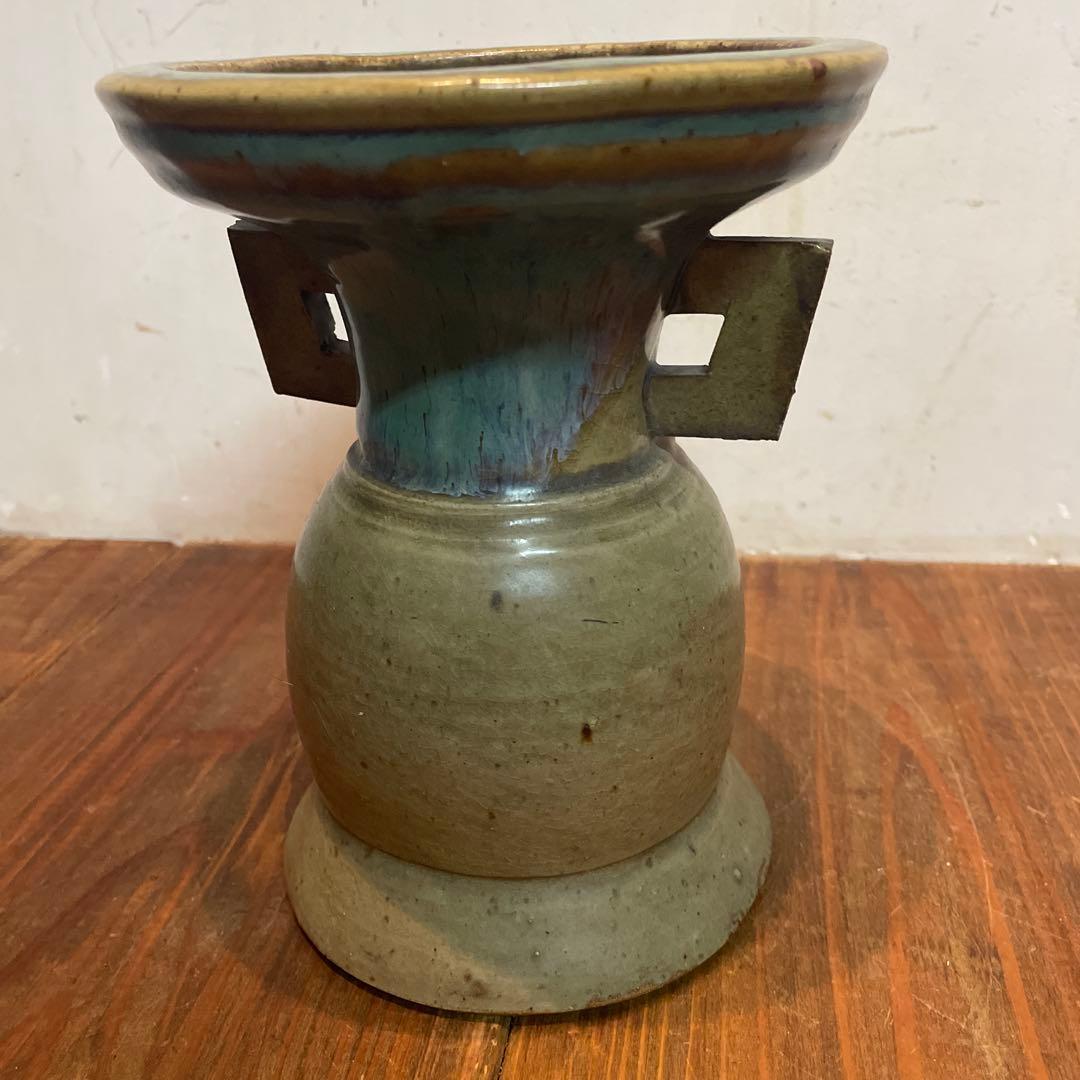 美品　上野焼　緑釉仏花器　江戸時代後期から　花器　緑色の釉薬が特徴的な　花瓶