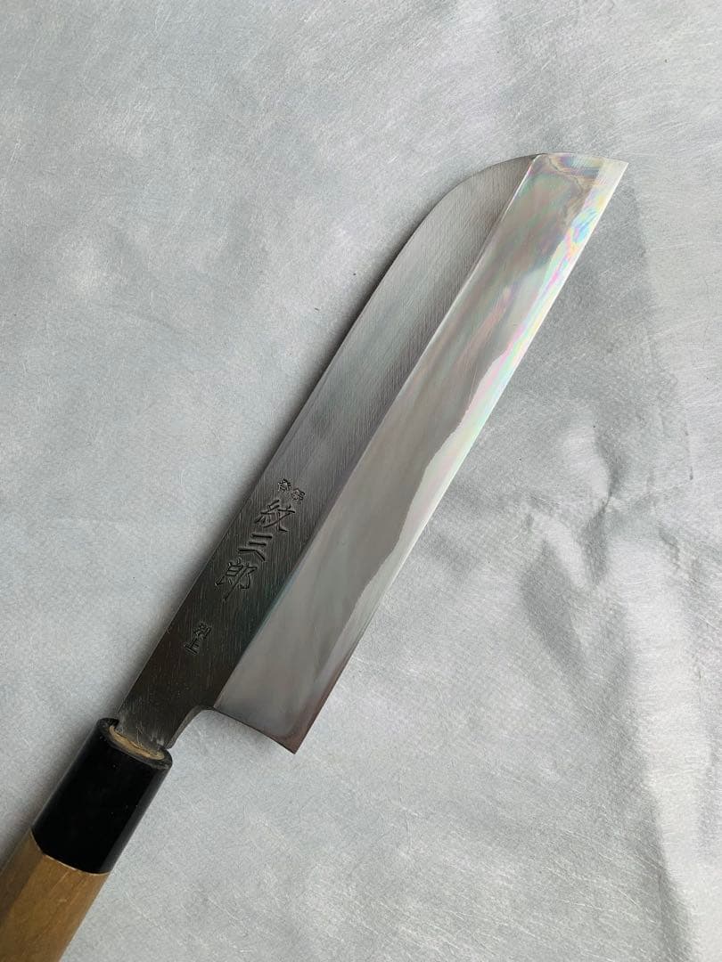紋三郎　薄刃　鎌型　包丁　７寸　安来鋼　水牛角柄