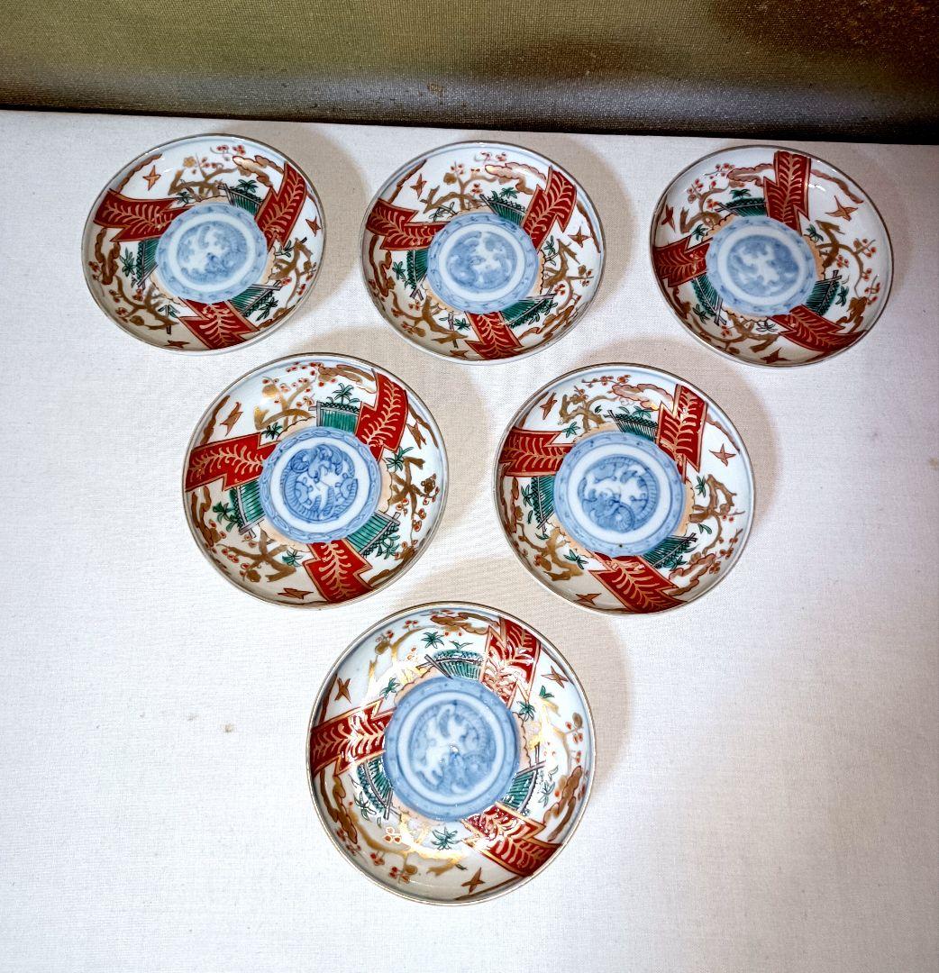 SORA　明治時代の錦手大猪口、色付小皿、金彩色絵小皿各６客計１８客セット