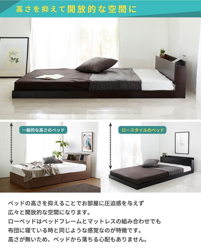 【ホワイト　セミダブル　ブラックマットレス付】便利な宮付きベッド　ローベッド