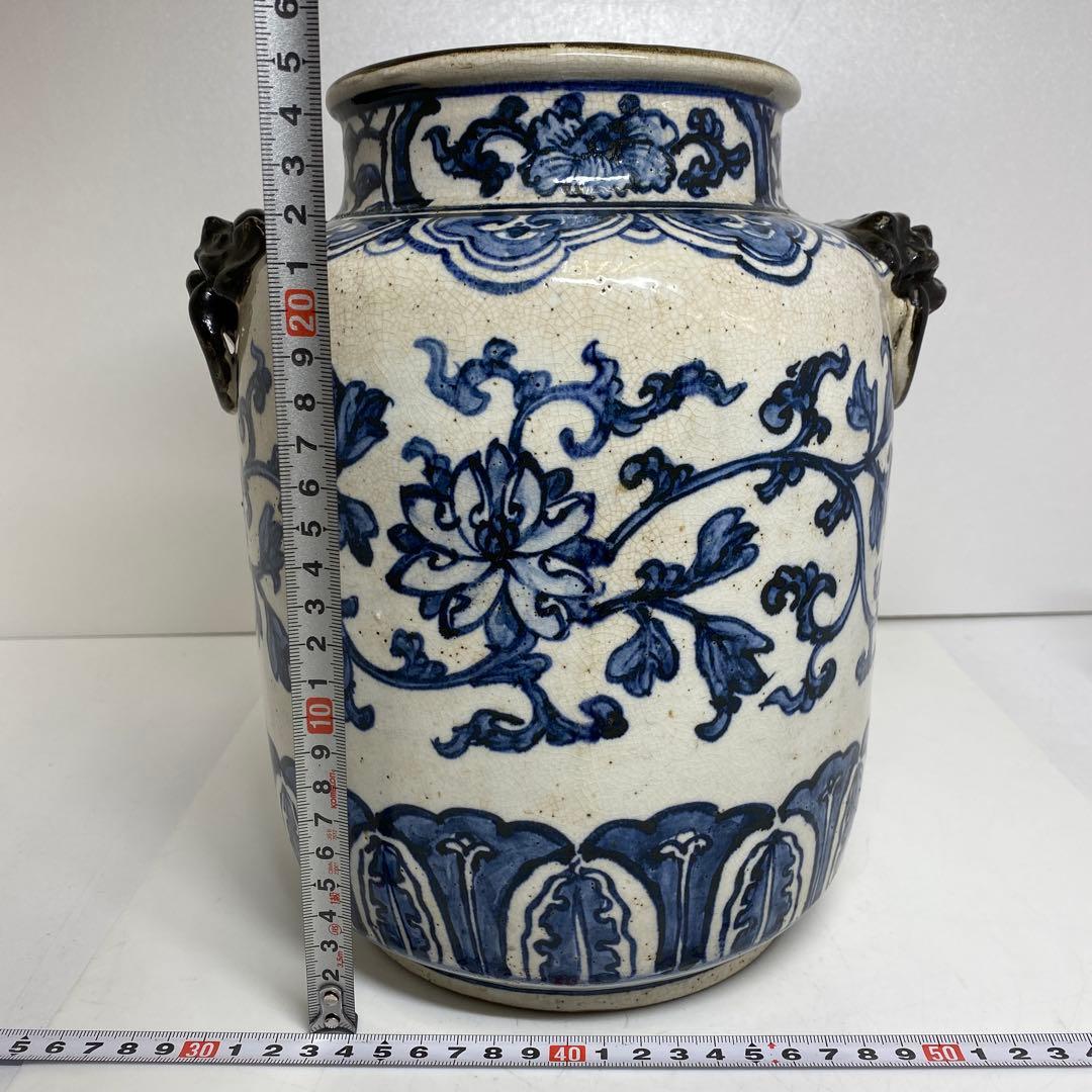 江戸後期　犬山焼　染付　獅子耳　花瓶　h26cm 東K7-1207② タエオ