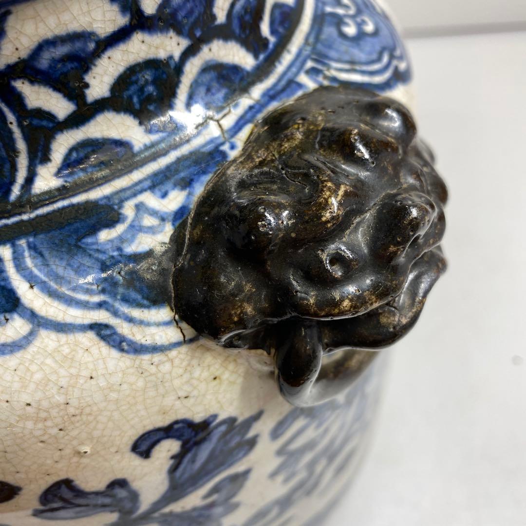 江戸後期　犬山焼　染付　獅子耳　花瓶　h26cm 東K7-1207② タエオ