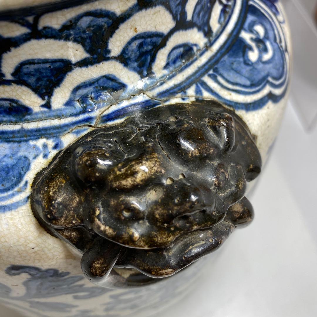 江戸後期　犬山焼　染付　獅子耳　花瓶　h26cm 東K7-1207② タエオ