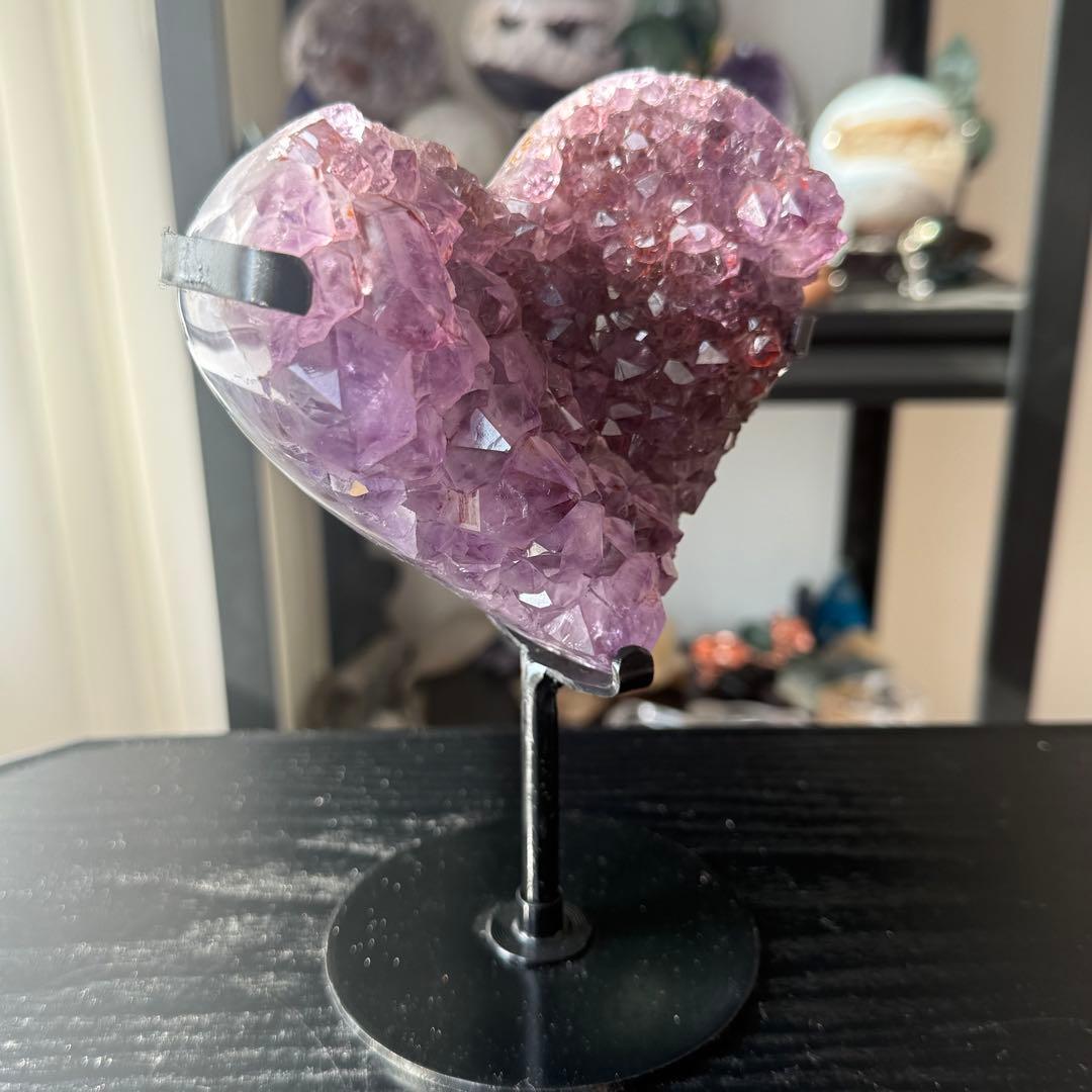 天然石タイチンルチルクォーツ共生アメジストのハート　置物NO.010913
