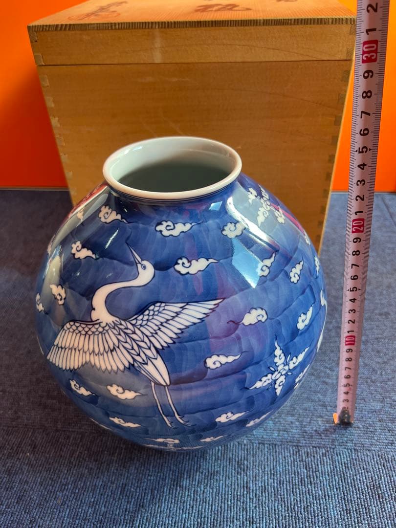 1029 源右衛門　染付雲鶴　花瓶　未使用