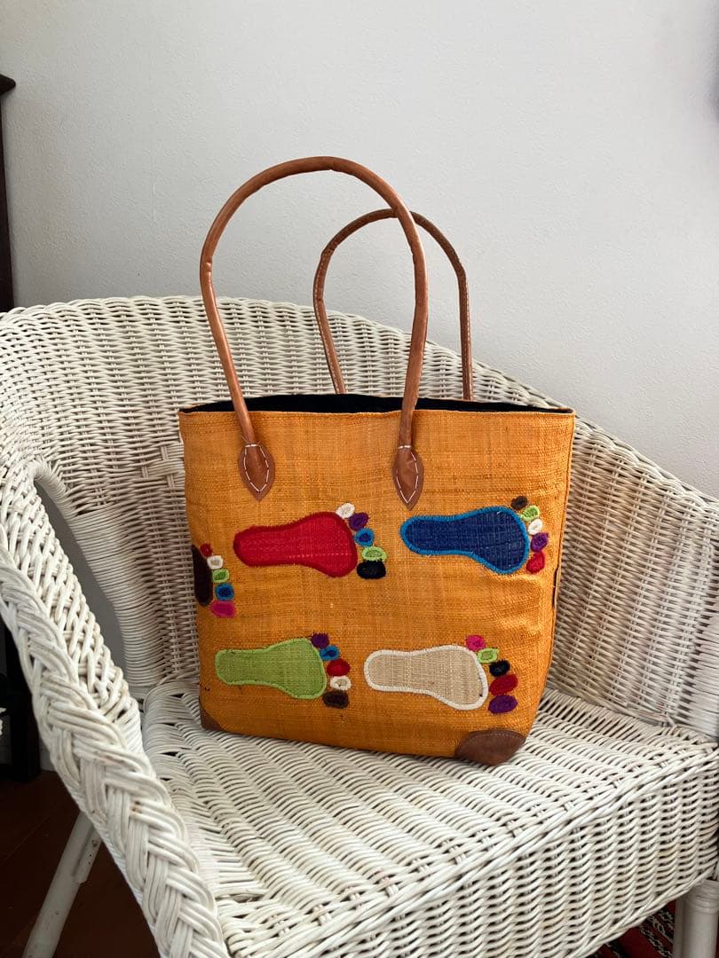 Rabarany ラバラニー 刺繍ラフィアバッグ 南仏ニース購入 本革ハンドル