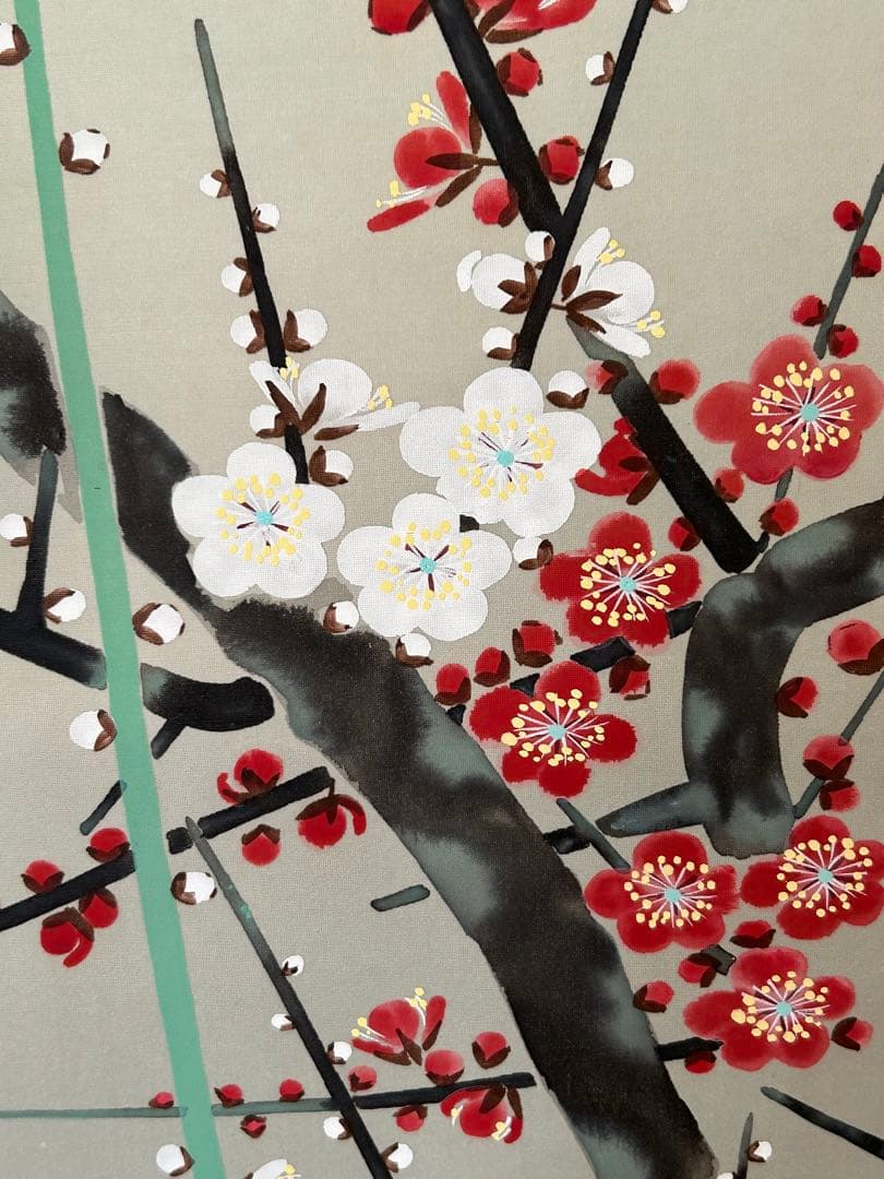 紅白梅に小禽　野川朝邨　掛け軸　共箱あり