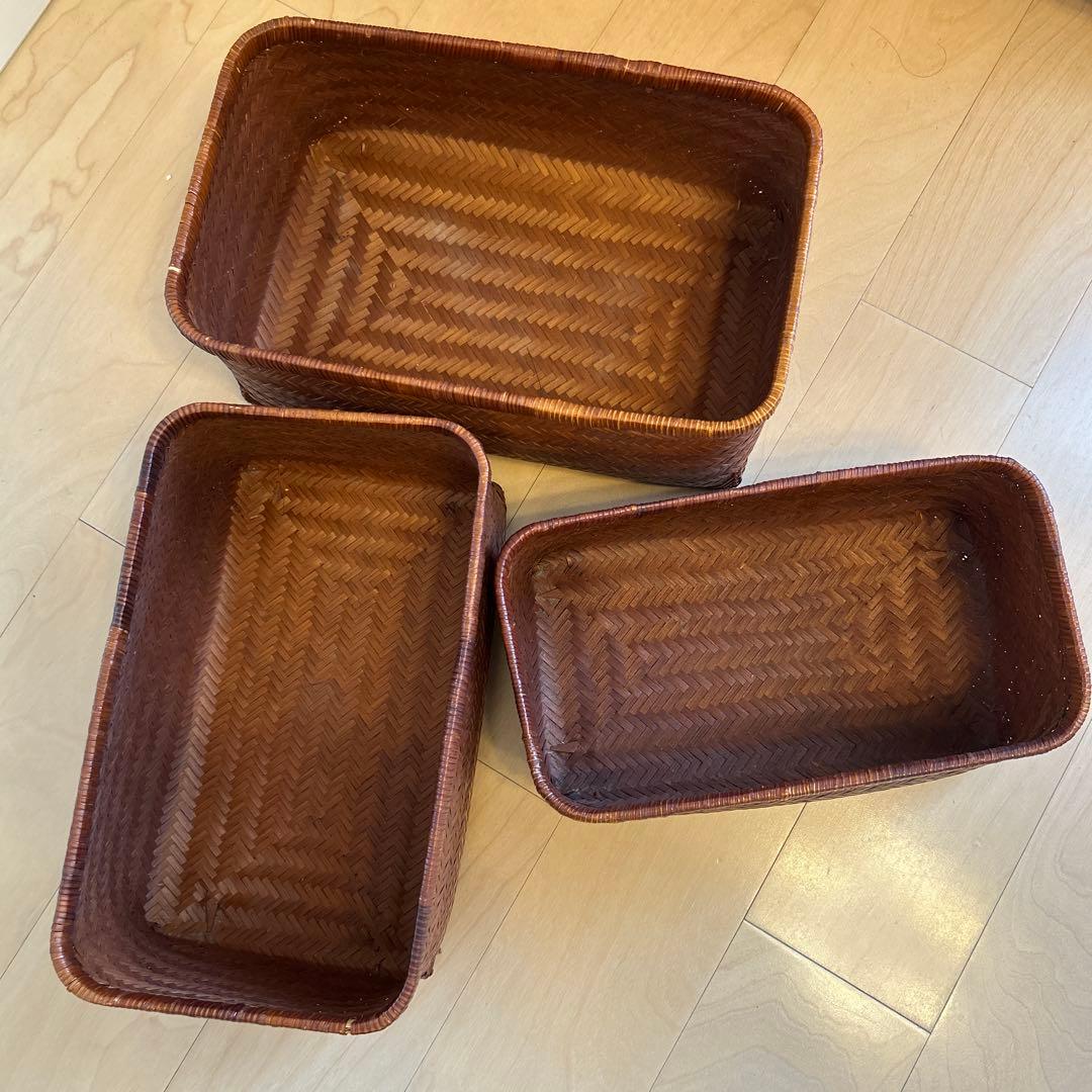 【レア】行李 竹籠 収納籠 レトロ 篠竹収納かご 入れ子式3点セット