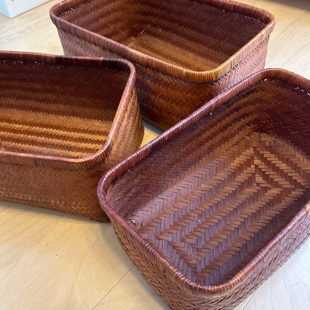 【レア】行李 竹籠 収納籠 レトロ 篠竹収納かご 入れ子式3点セット