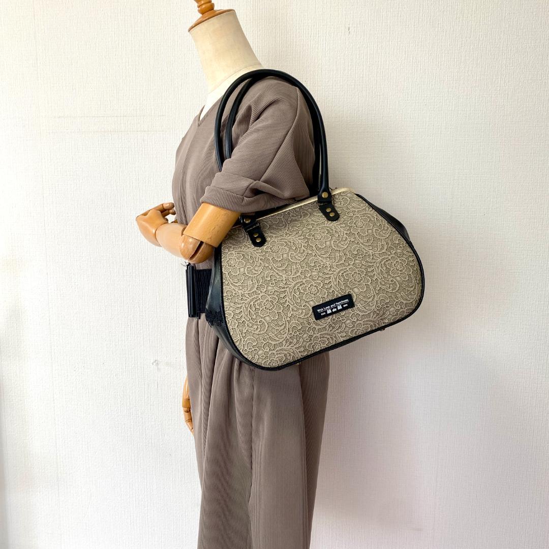 立体レース模様 がま口バッグ と スマホショルダー 2点セット 合皮 グレー＆黒