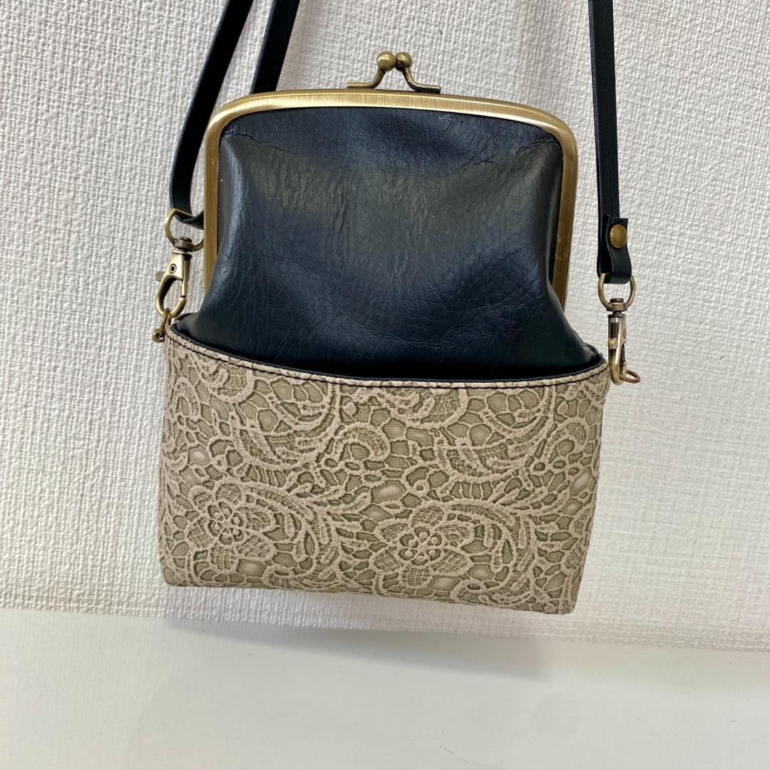 立体レース模様 がま口バッグ と スマホショルダー 2点セット 合皮 グレー＆黒