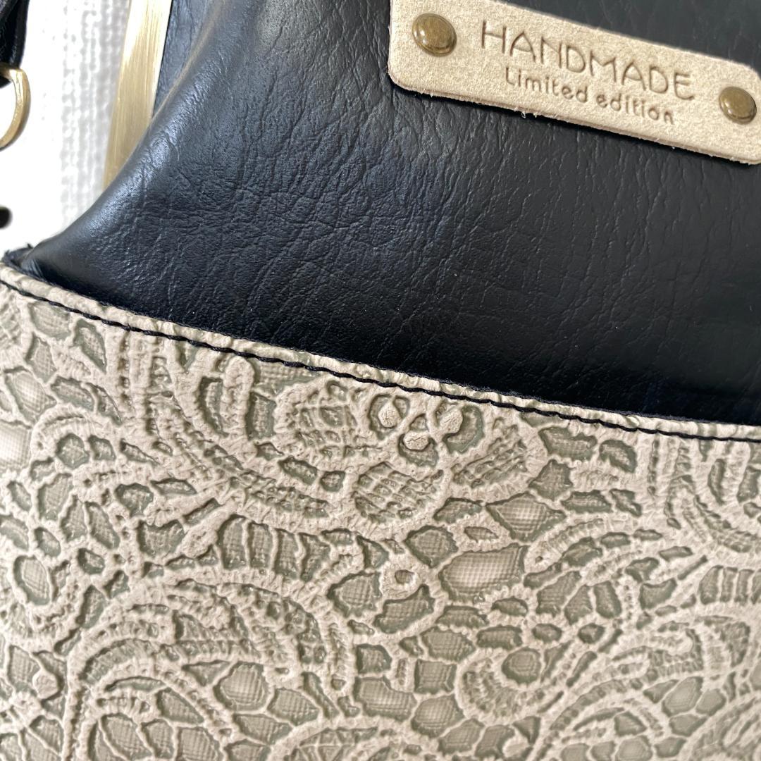 立体レース模様 がま口バッグ と スマホショルダー 2点セット 合皮 グレー＆黒