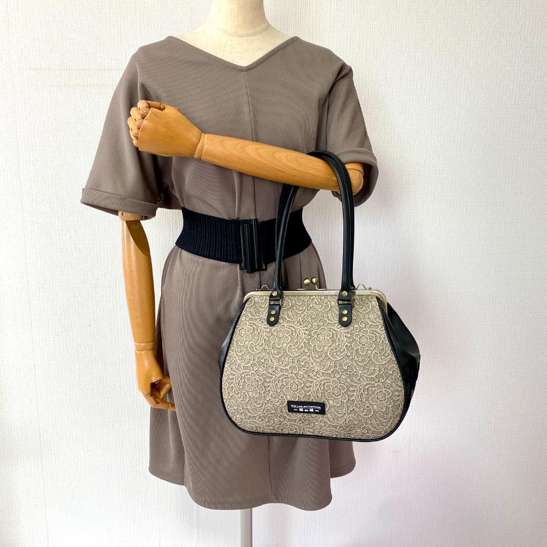 立体レース模様 がま口バッグ と スマホショルダー 2点セット 合皮 グレー＆黒