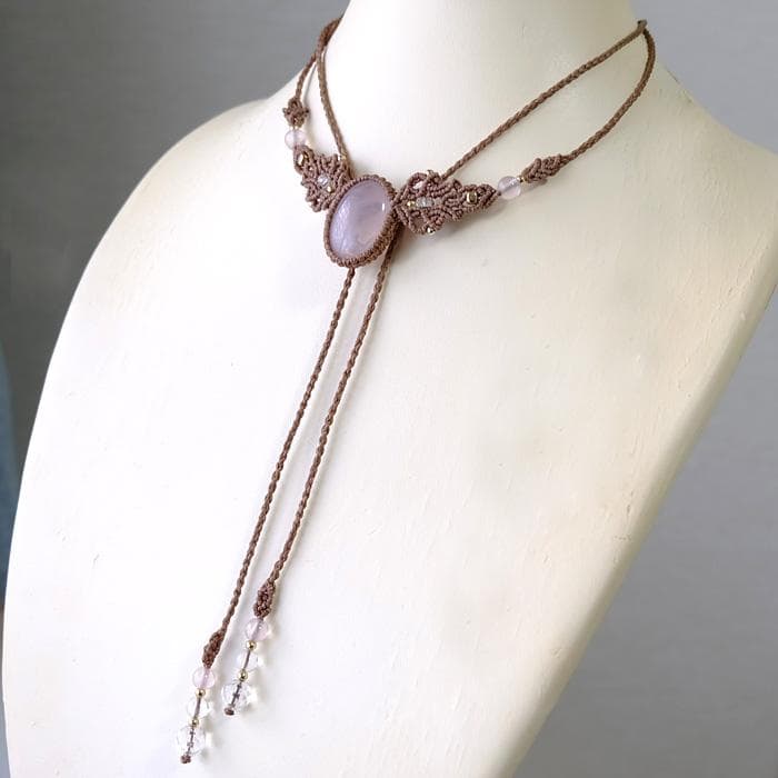 ローズクォーツ・マダガスカルローズ マクラメ編みチョーカー ネックレス 3716