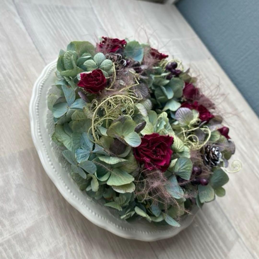 038】ドライフラワーリース　秋色紫陽花と薔薇　こんもり　丸BOX