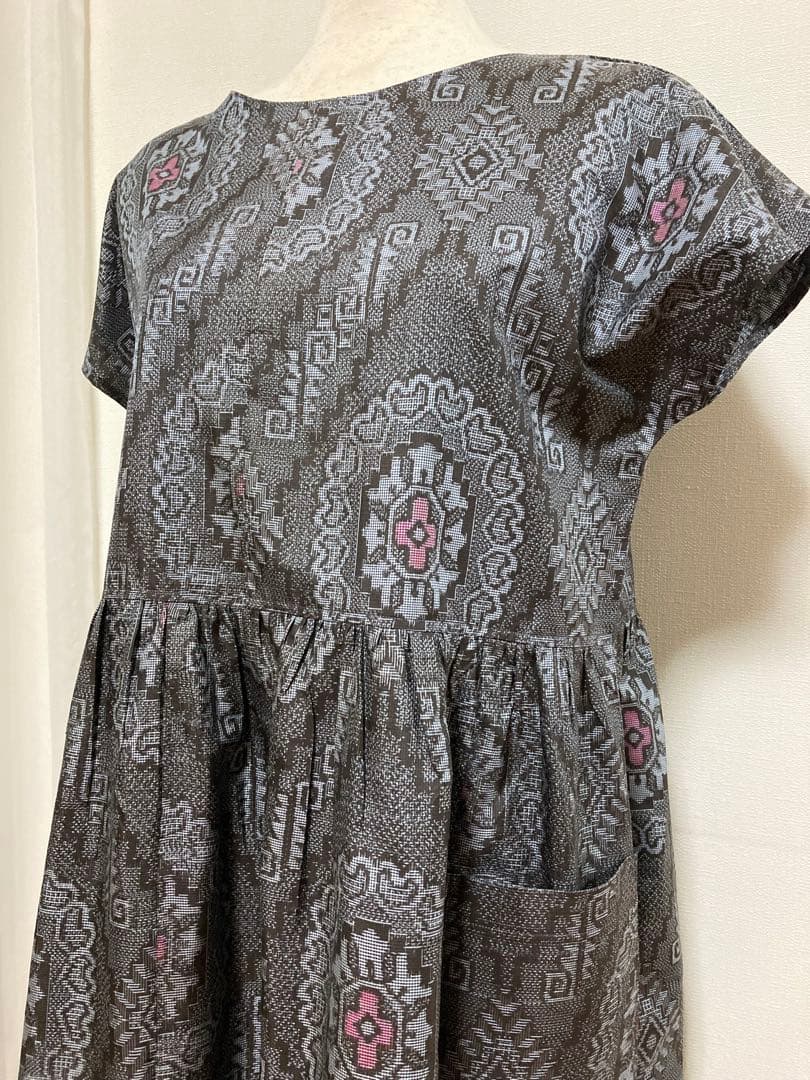 ハンドメイド　大島紬　着物からのリメイク　フレンチスリーブワンピース