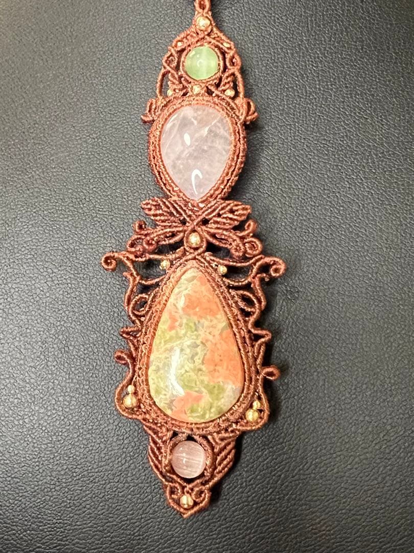 【handmade】マクラメ×ローズクォーツ × ユナカイト ネックレス