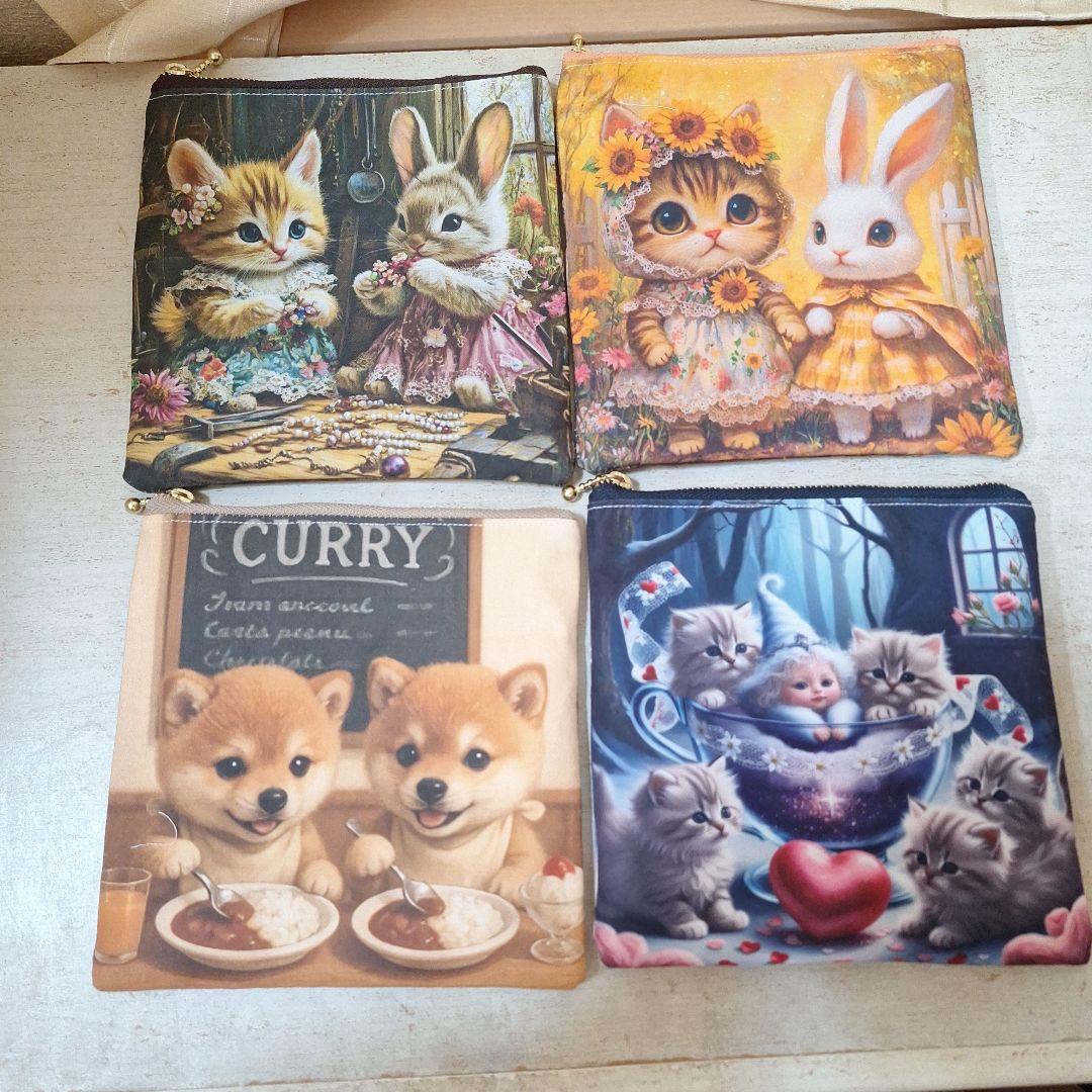 激レアねこパネル生地　ハンドメイド　まちなしバッグ、フラットポーチ、ミニバック