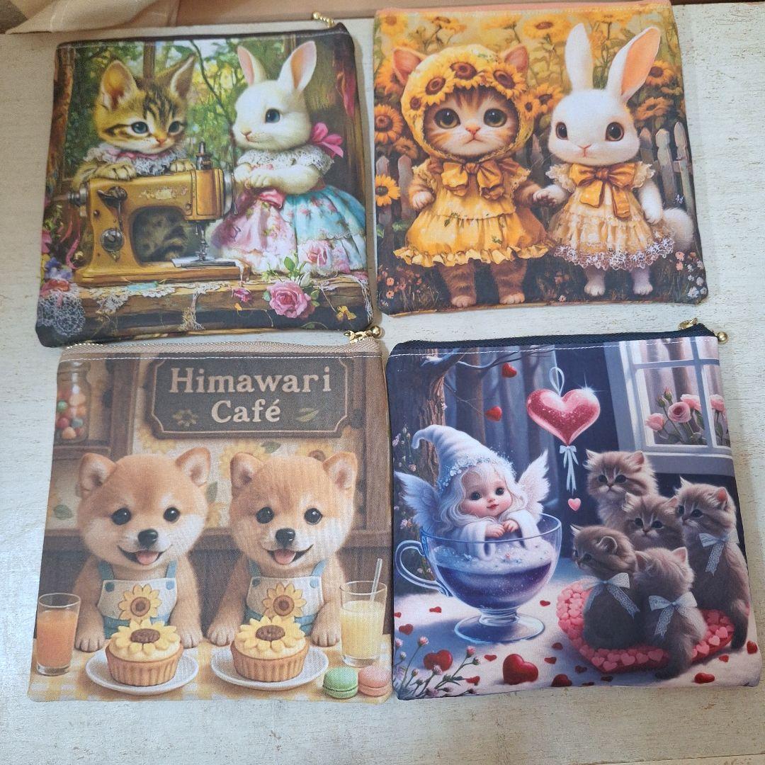 激レアねこパネル生地　ハンドメイド　まちなしバッグ、フラットポーチ、ミニバック