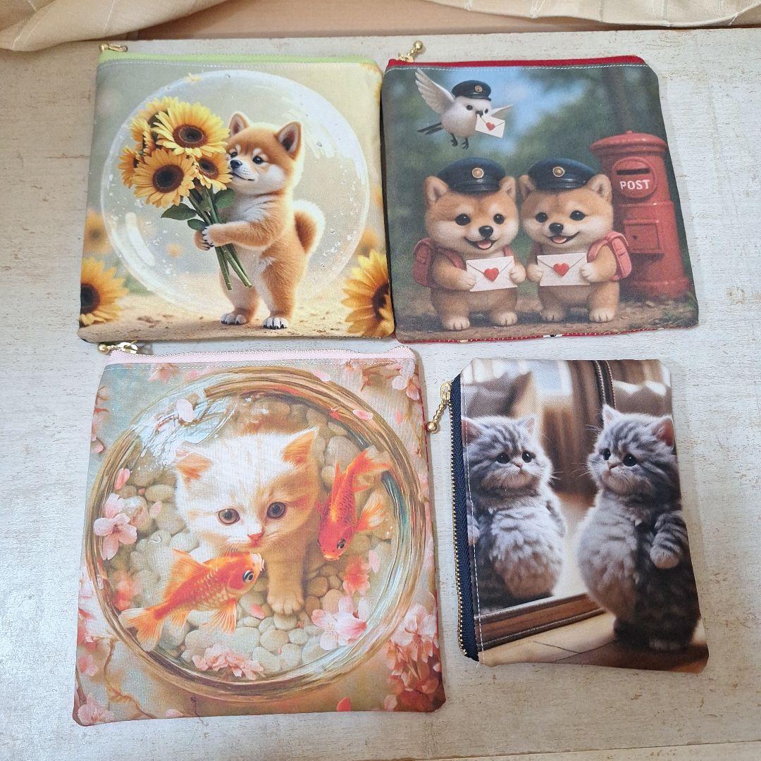 激レアねこパネル生地　ハンドメイド　まちなしバッグ、フラットポーチ、ミニバック