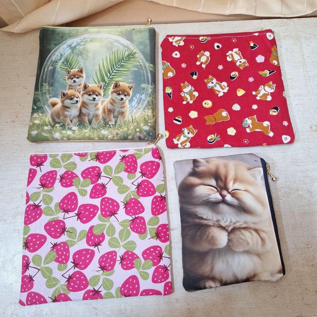 激レアねこパネル生地　ハンドメイド　まちなしバッグ、フラットポーチ、ミニバック