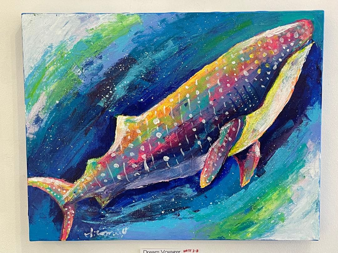 カラフルなジンベイザメのキャンバス原画　絵画　現代アート　抽象画　動物画　海