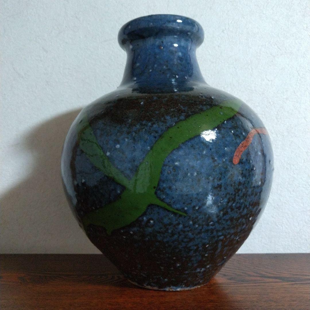 河井博次　流し掛壷 (呉須赤緑大壷)　桐共箱付
