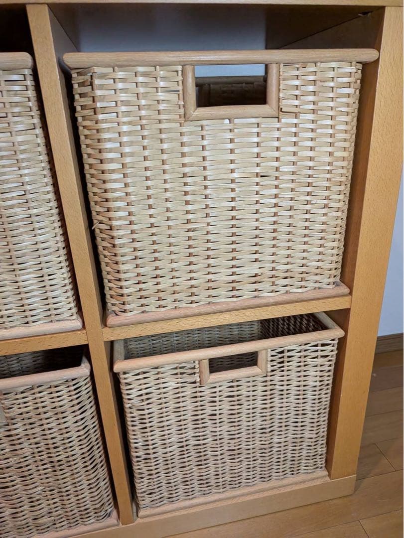 ■送料込■無印良品 オープンシェルフ 木製棚 スタッキング 収納カゴ付きラタン