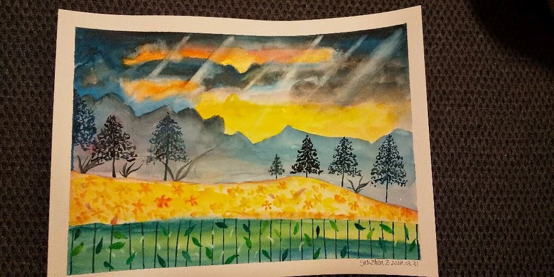 晚霞和花(水彩画)