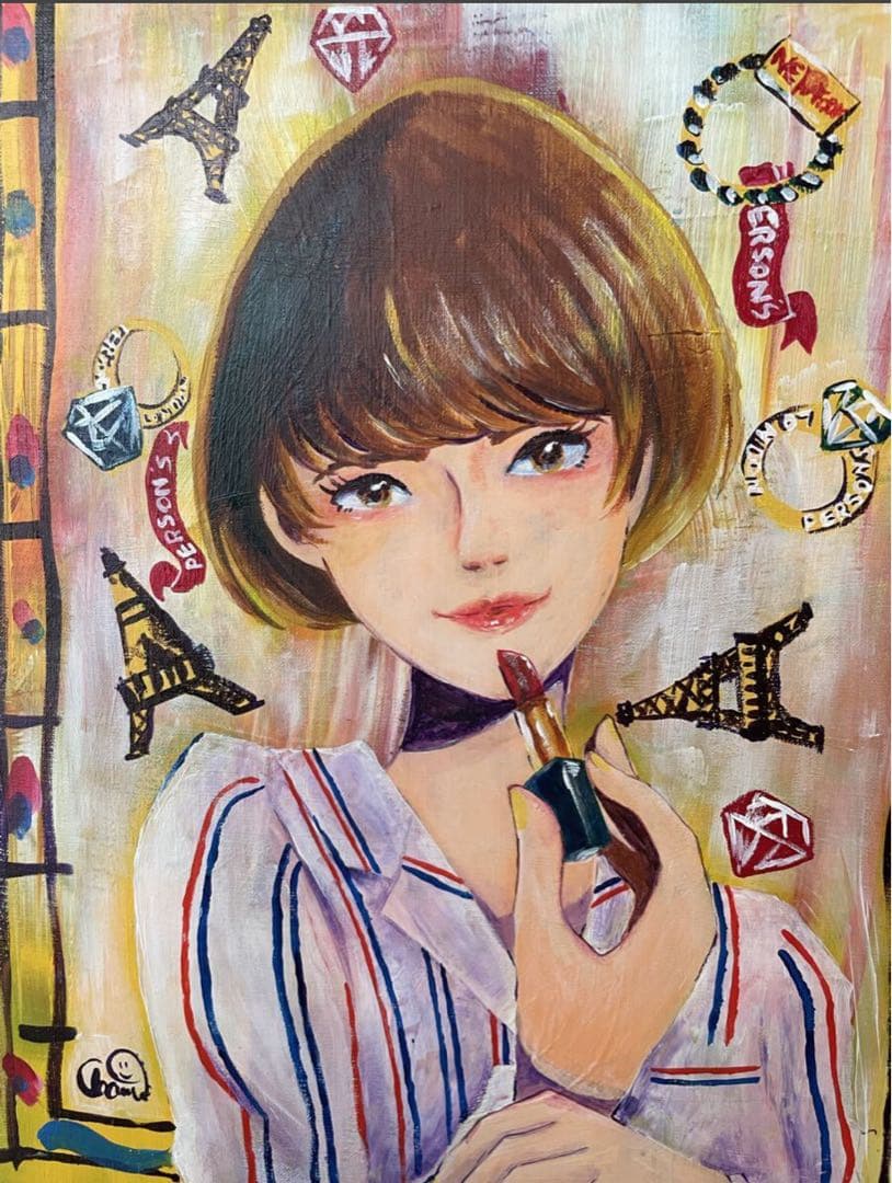 ファッション、おしゃれな女性　カラフルな女性肖像画　アクリル絵の具
