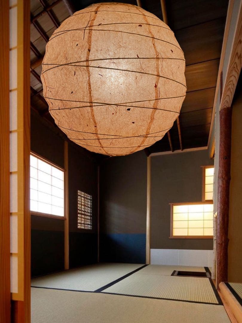 径45㎝丸杉皮入和紙灯具付提灯照明ペンダント