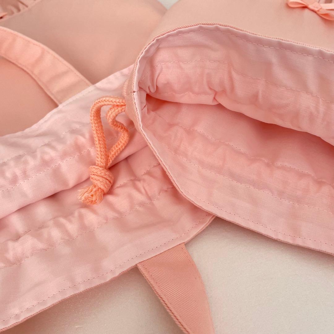 入園・入学　小花柄　ピーチピンク　レッスンバッグ、上履き入れ、着替え袋、給食袋