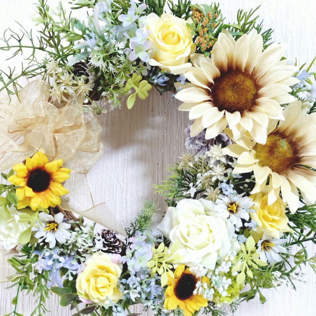 向日葵とローズのフラワリース❋玄関リース❋ナチュラルリース