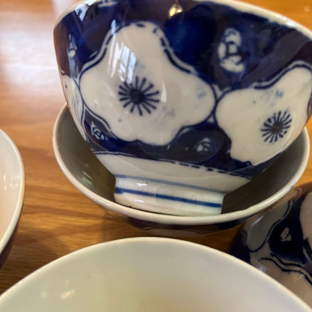 骨董品　和風飯碗 5個セット 白と青の花柄