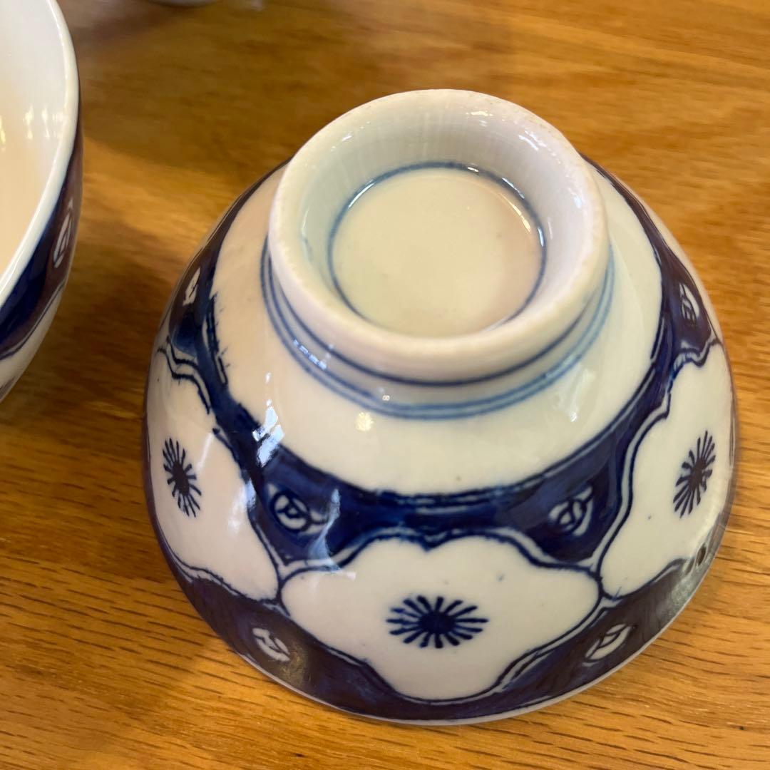 骨董品　和風飯碗 5個セット 白と青の花柄