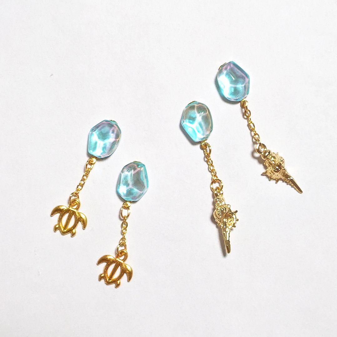 【1193】小さな海と巻き貝のピアス／イヤリング