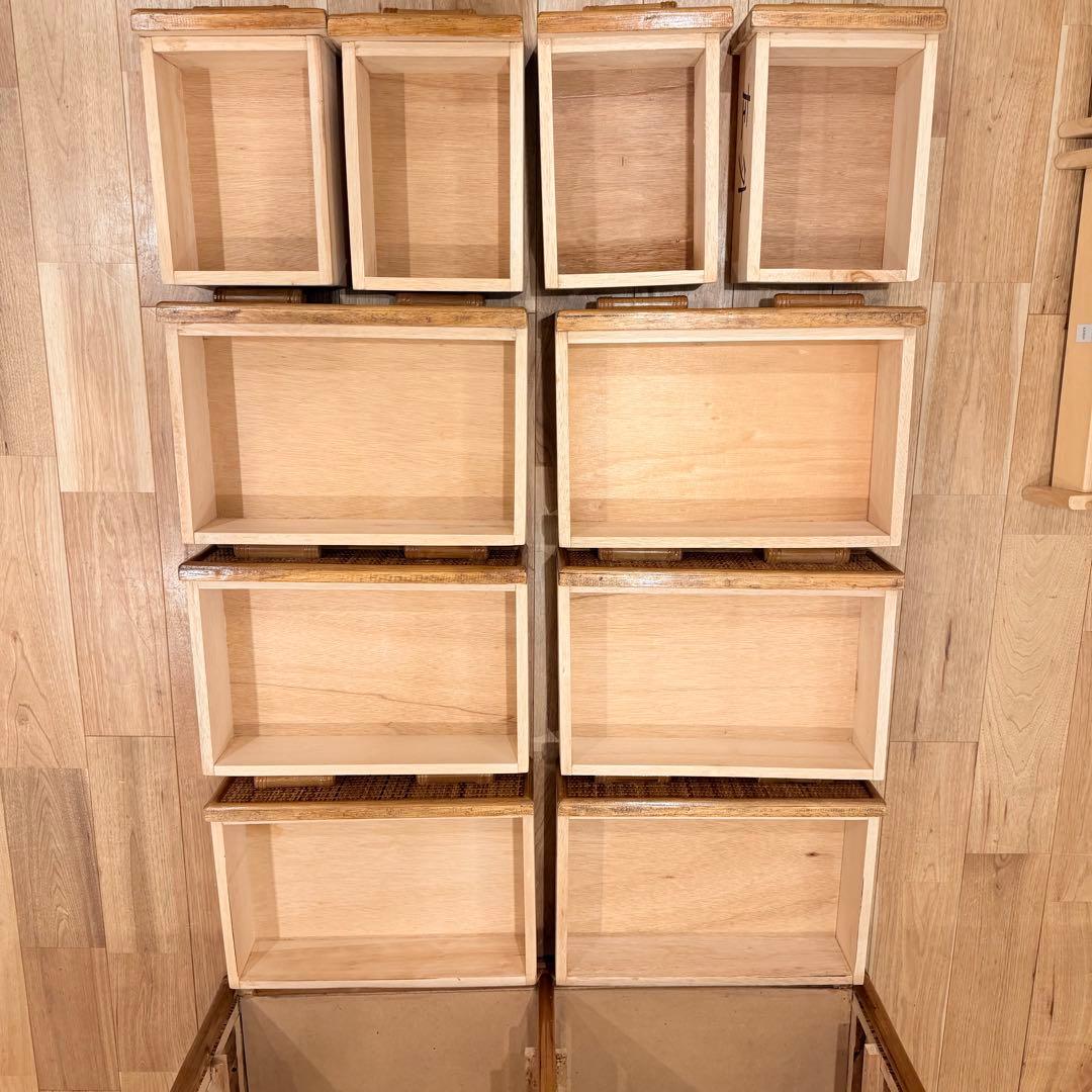 アンティーク ラタン 籐 ワイド ローチェスト 棚 10杯 テレビ台 昭和レトロ