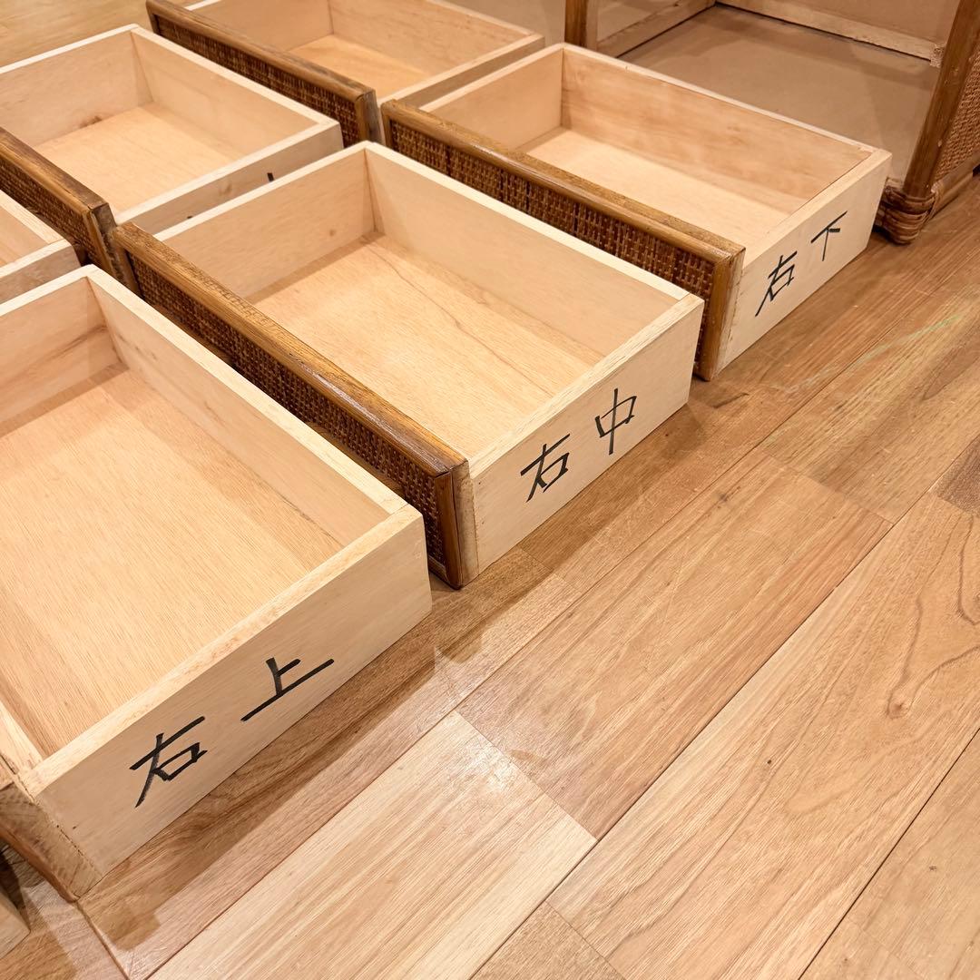 アンティーク ラタン 籐 ワイド ローチェスト 棚 10杯 テレビ台 昭和レトロ