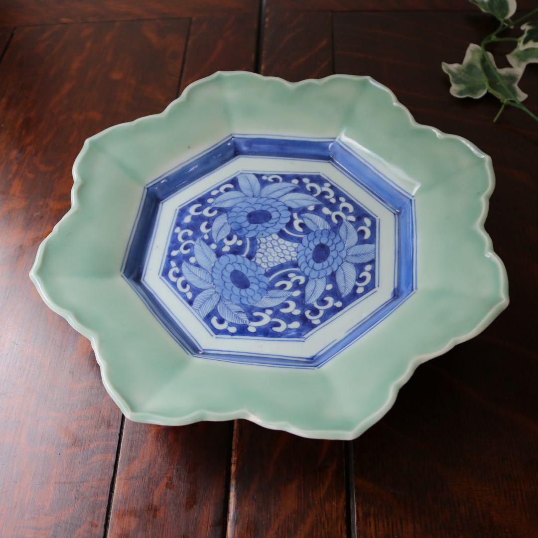 伊万里 染付青磁　草花文 輪花大皿 玩銘 骨董古美術古民藝茶道具懐石