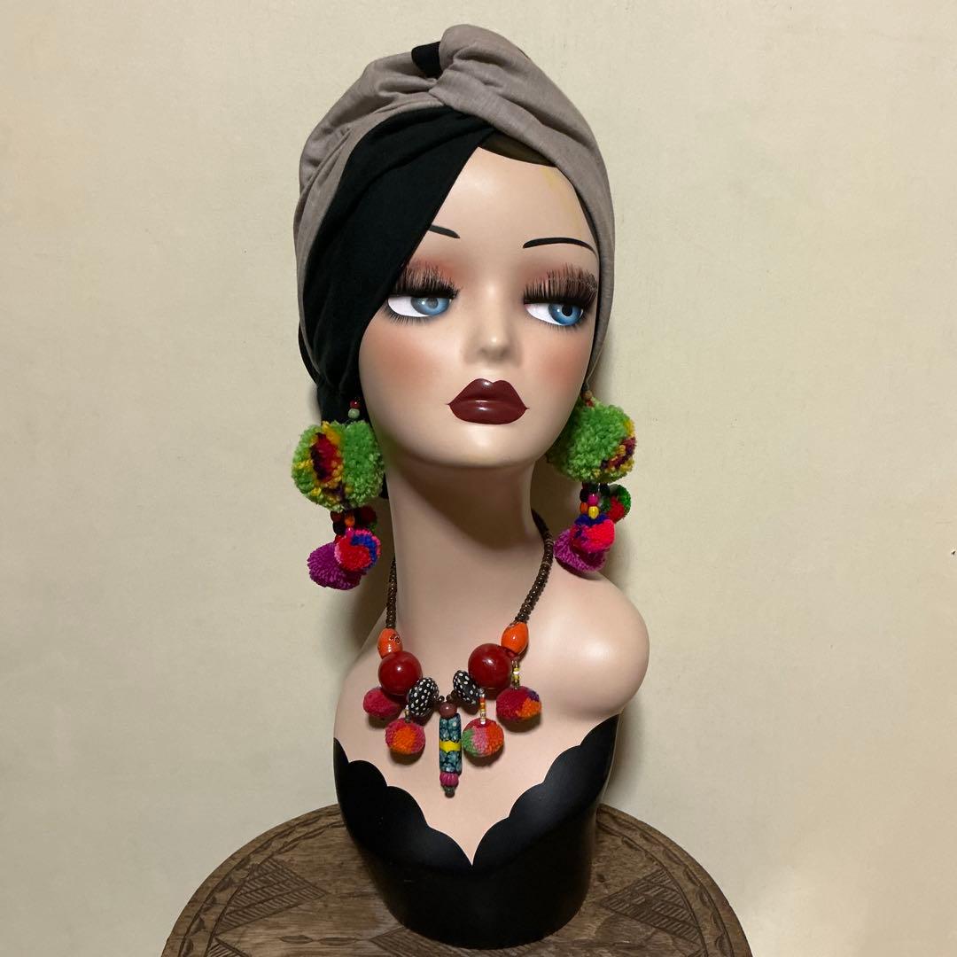 すっぽり帽子ターバン　シングルクロス　カーキグレー　赤　マスタード