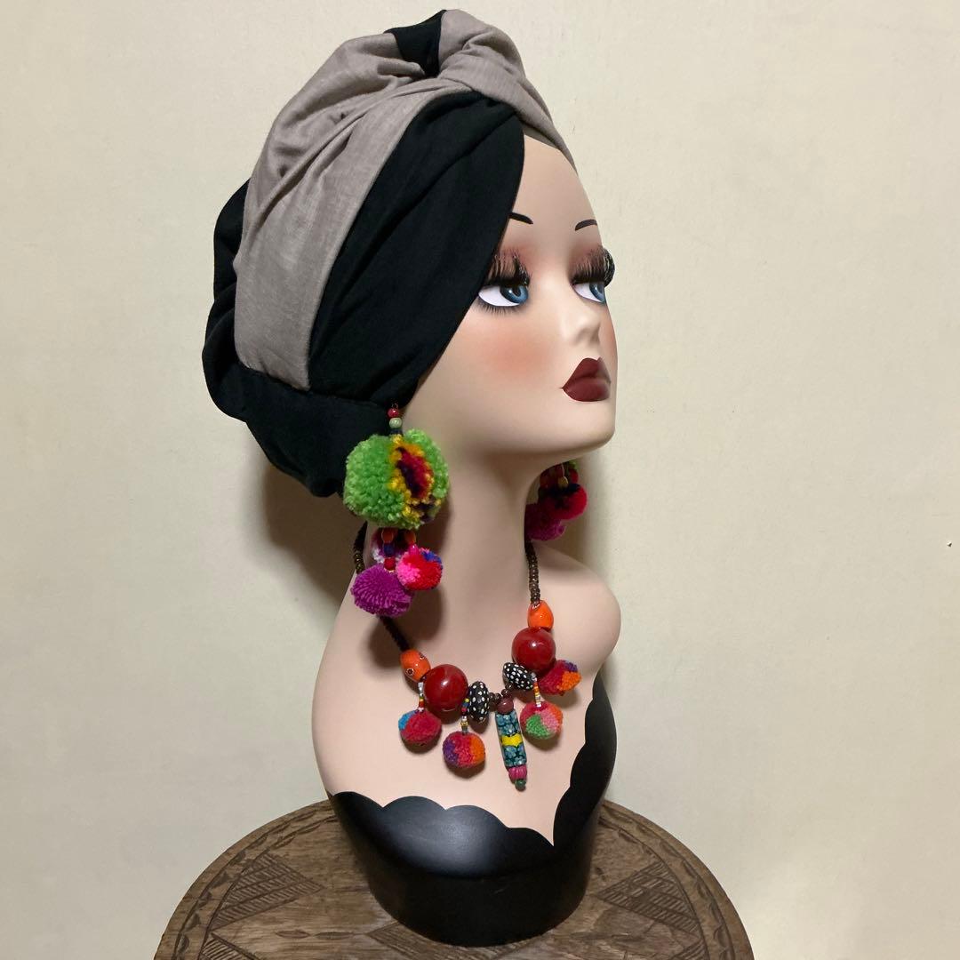 すっぽり帽子ターバン　シングルクロス　カーキグレー　赤　マスタード