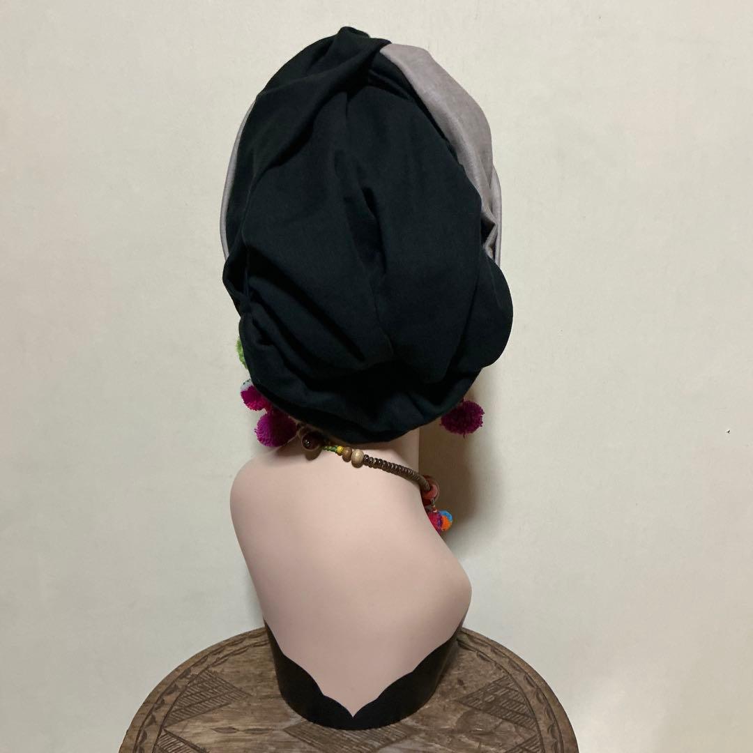 すっぽり帽子ターバン　シングルクロス　カーキグレー　赤　マスタード