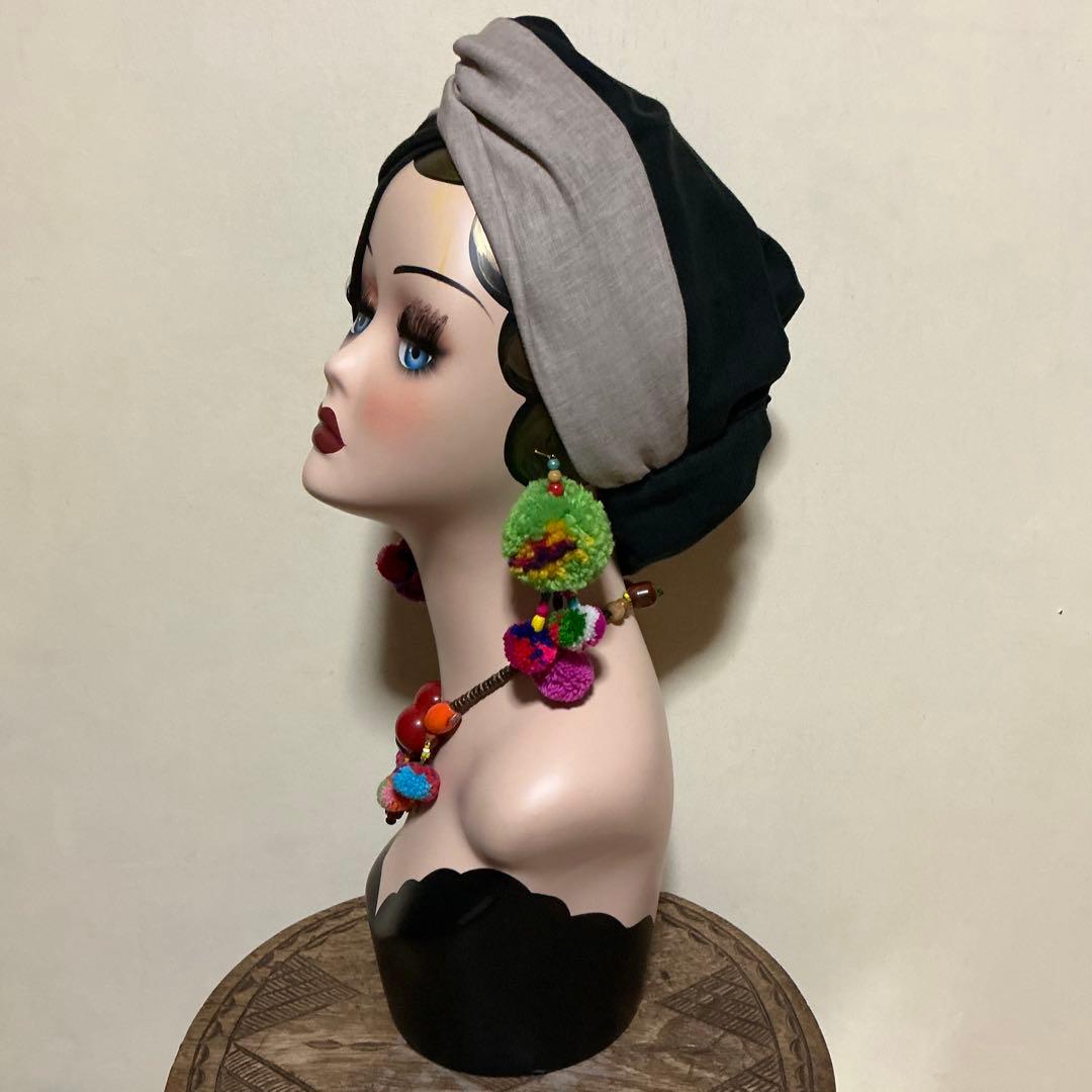 すっぽり帽子ターバン　シングルクロス　カーキグレー　赤　マスタード