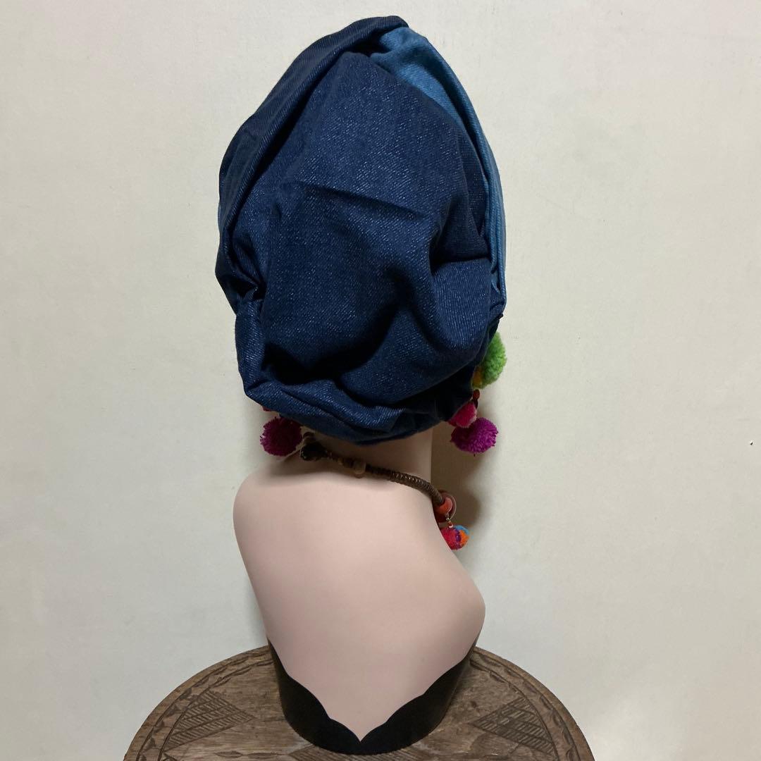 すっぽり帽子ターバン　シングルクロス　カーキグレー　赤　マスタード