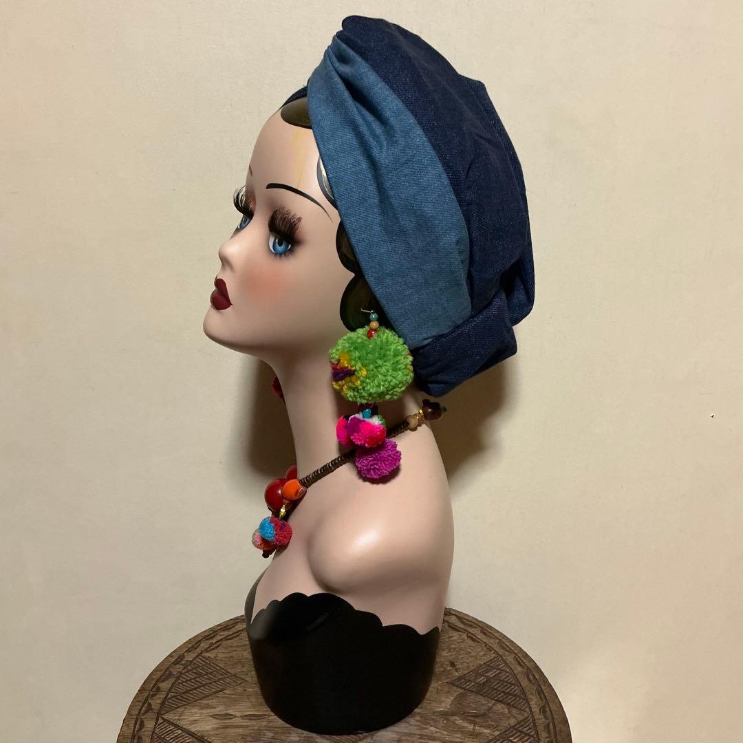 すっぽり帽子ターバン　シングルクロス　カーキグレー　赤　マスタード