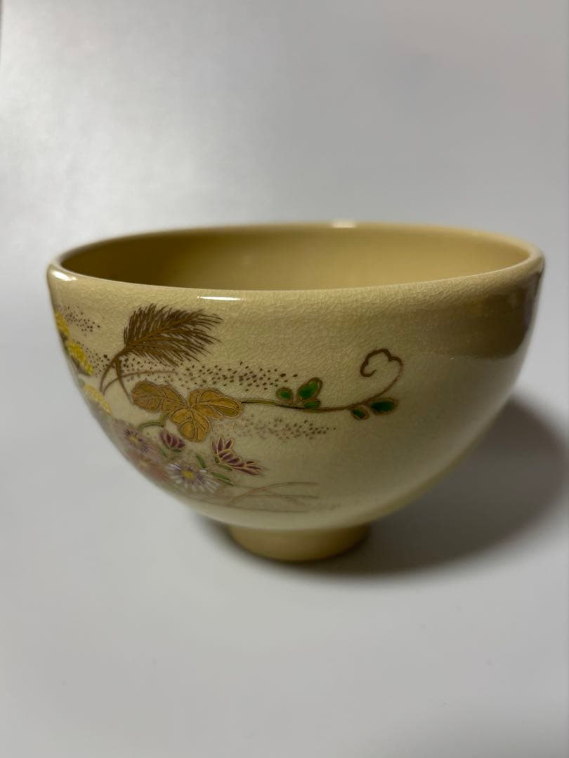 薩摩焼　玉陶山　与次郎作／江月画　白薩摩茶盌　抹茶碗　茶道具