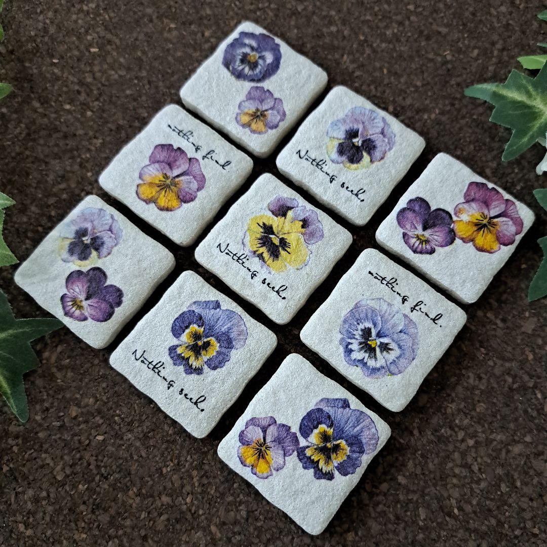 レンガ調タイル(パンジー)デコパージュ　ビオラ　花柄　花　花柄雑貨　キッチン雑貨