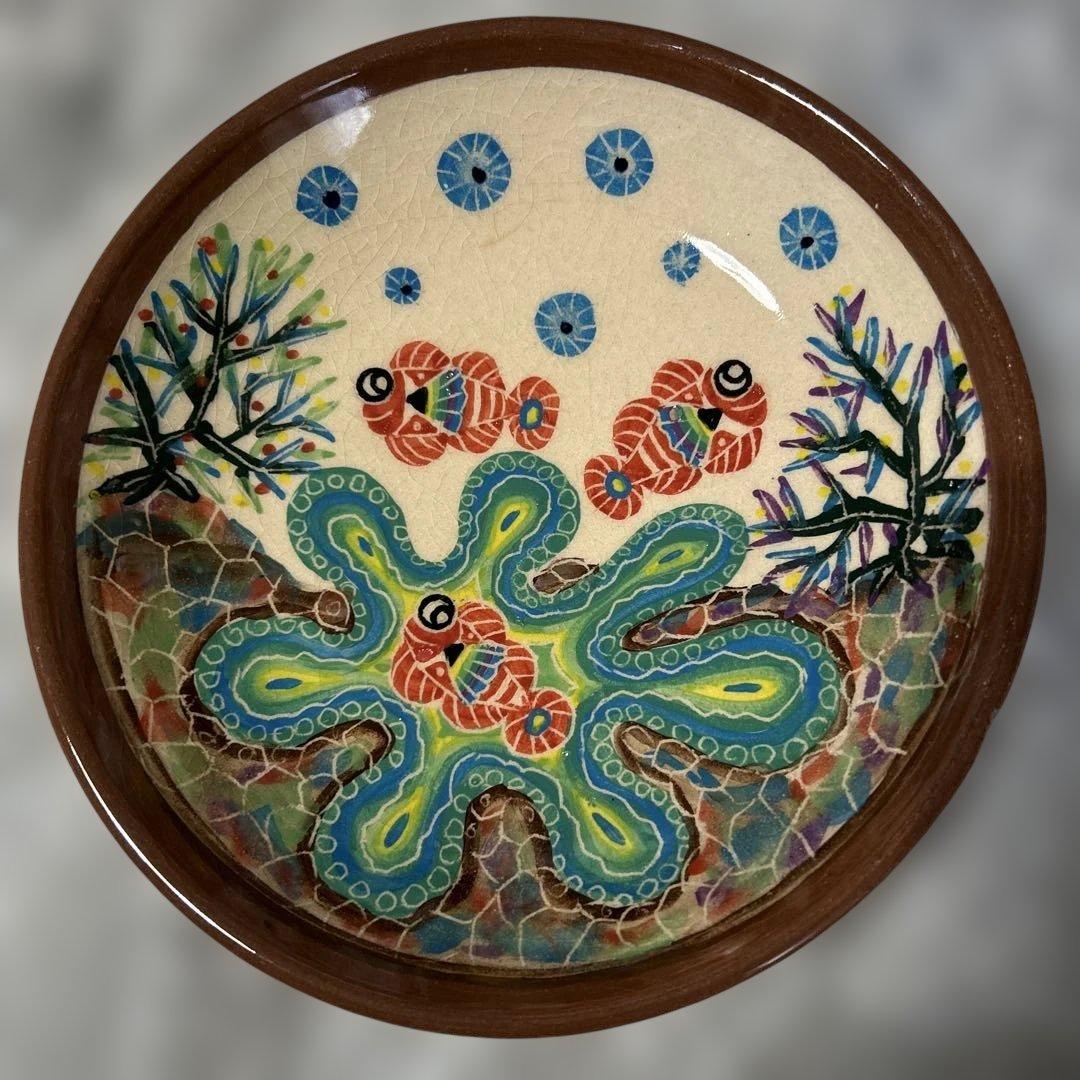 未使用品【沖縄 やちむん】南島焼 カラフルな魚柄 大きめ陶器皿