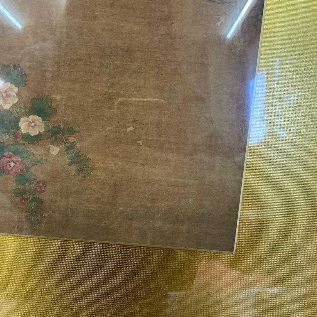 唐木 飾り額 浮き彫り彫刻 金背景 猫 花鳥図 煎茶道具 アンティーク 壁掛け